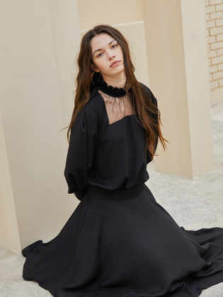 Juliet Puff Sleeve Square-neck Lace Gauze York Blouse_Black