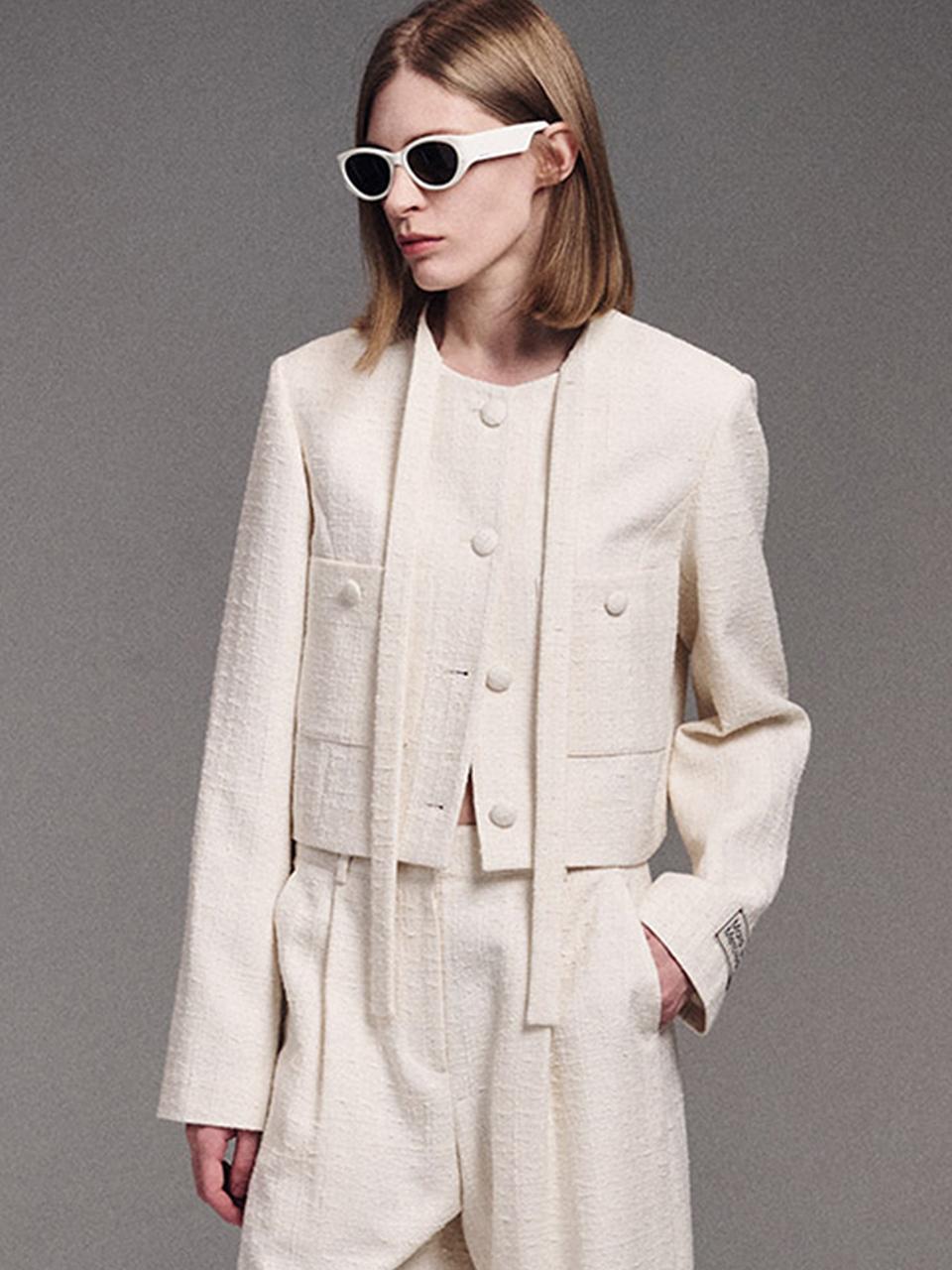 Spring Tie Neck Tweed Cropped Jacket