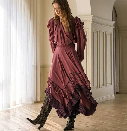 CAHIERS Asymmetric Wrap Pleated Long Dress