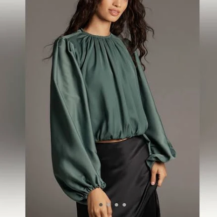 Anthropologie Cropped Puff-Sleeve Bubble-Hem Blouse