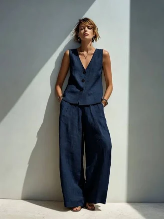 Linen Blend V-Neck Buttoned Vest & High-Waist Wide-Leg Pants Set