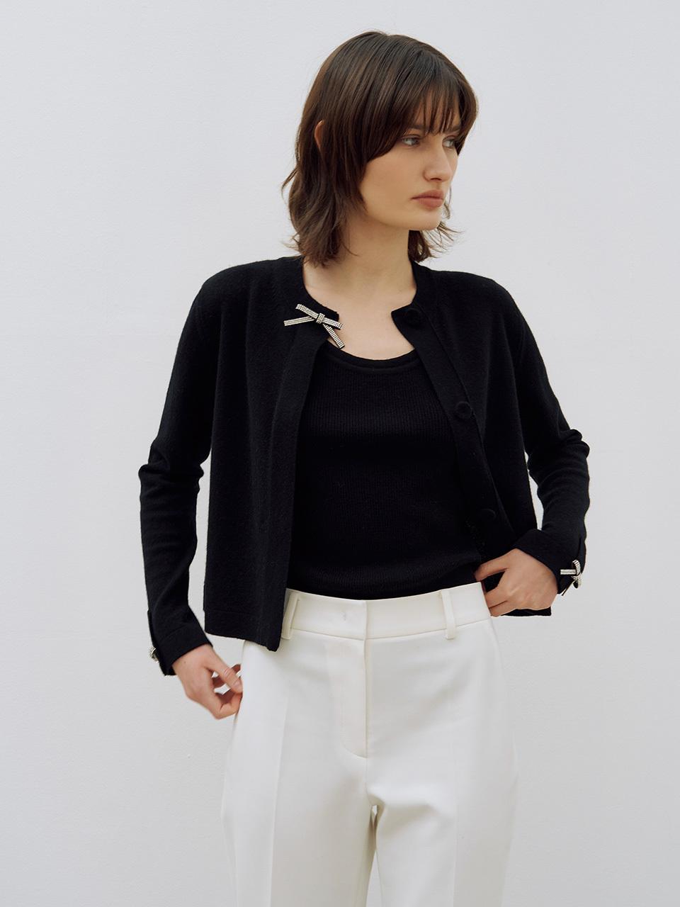 Rhinestone-bow Knit Cardigan Black