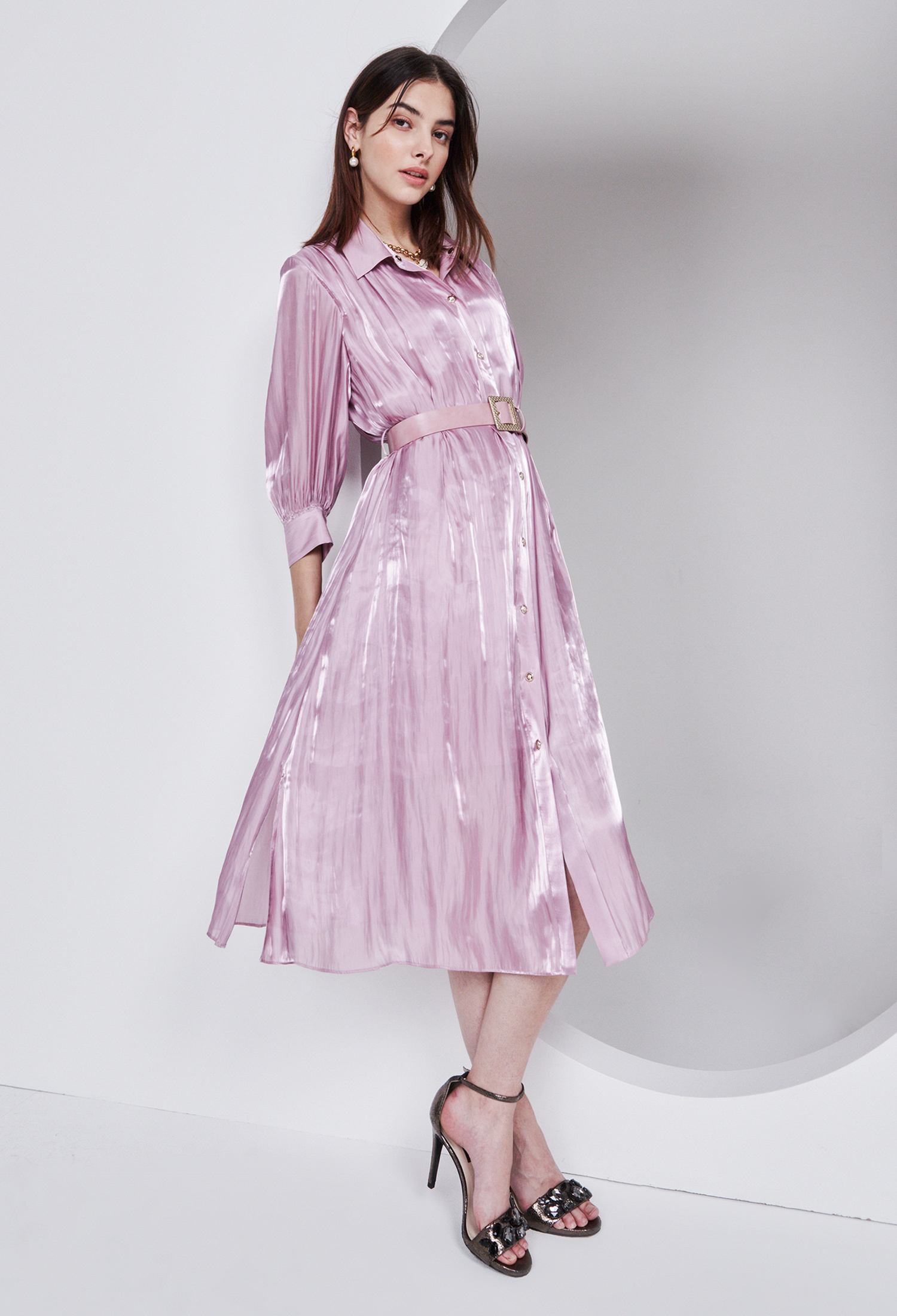 Glossy Belted Shirt Dress