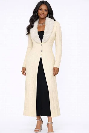 Faux Fur-Collar Cable Knit Longline Cardigan