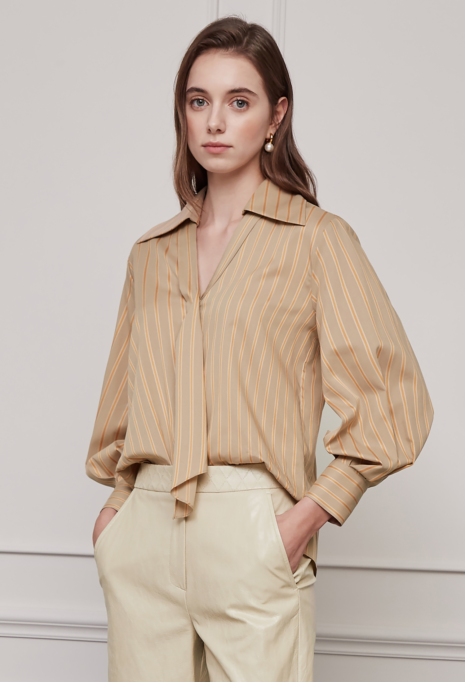 Cotton-blend Tie Blouse