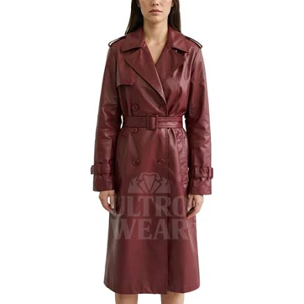 Women's Double-Breasted Leather Trench Coat