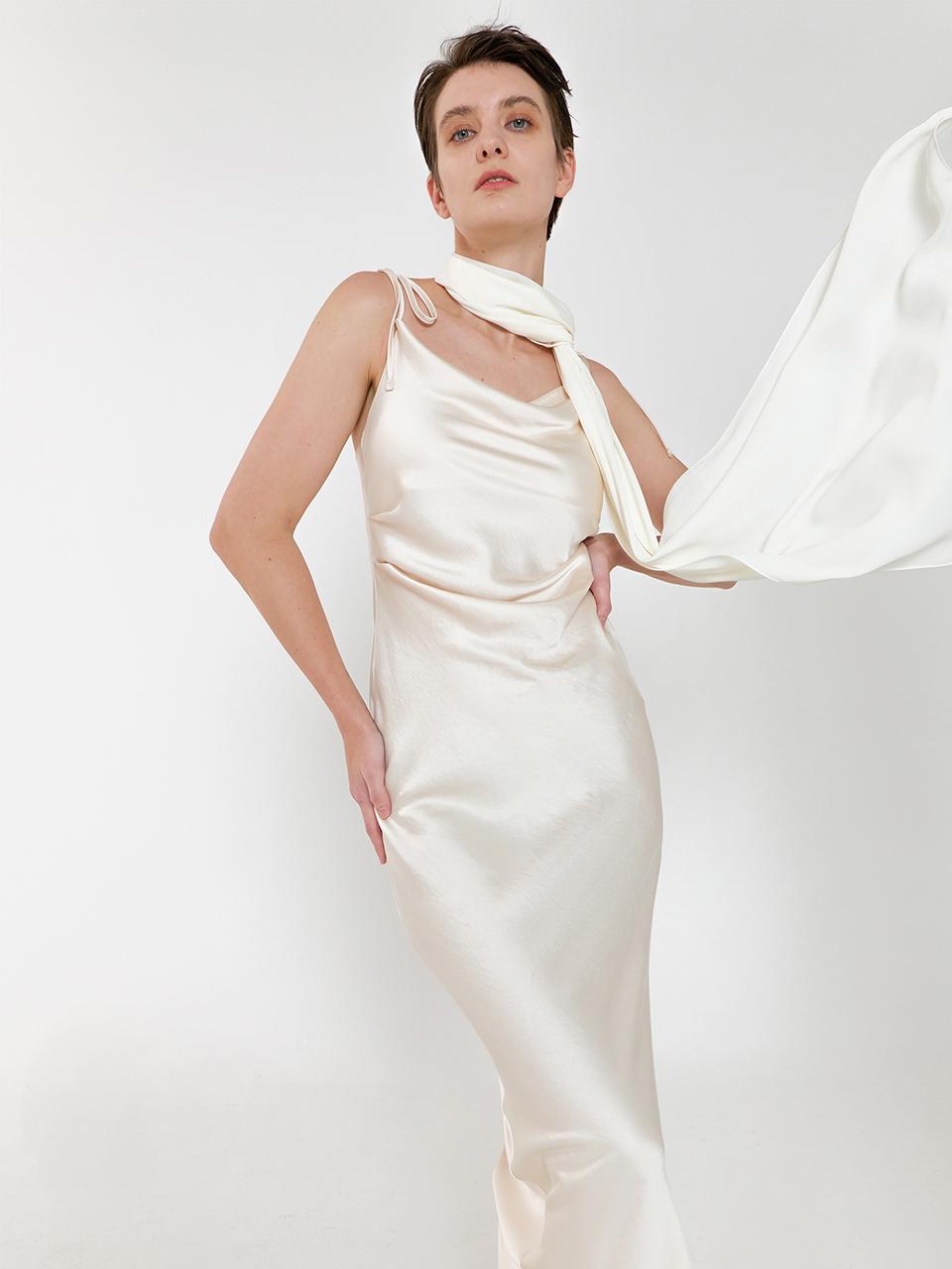 Drape neck Shoulder knot Satin Maxi Dress [Champagne gold]