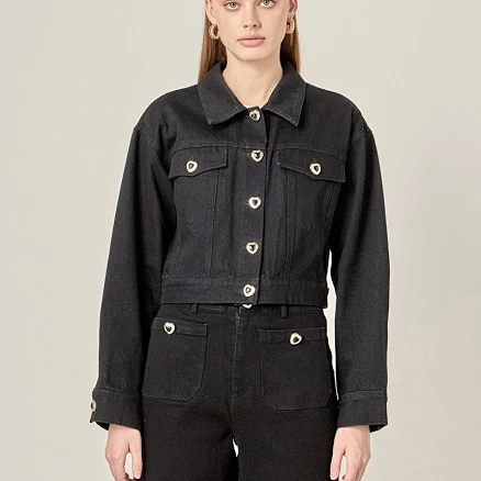 English Factory Women's Heart Button Cropped Denim Jacket