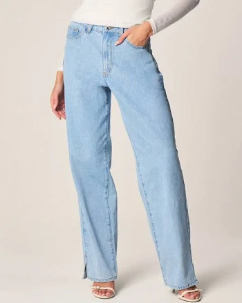 MISSGUIDED Light Blue Denim Straight Leg Jeans Women's With Split Hem Cuffs High Waisted Classic 5 Pocket Casual Relaxed Fit