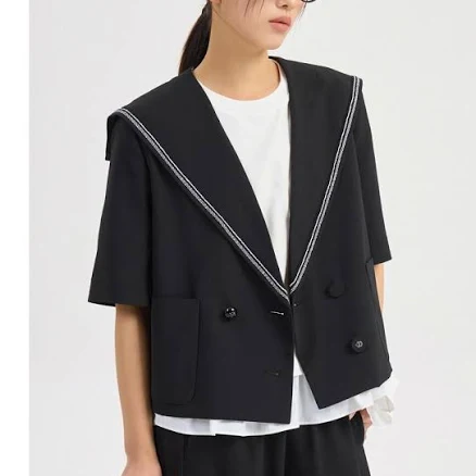LUCKY CHOUETTE Sailor Back Pleats Short Sleeve Poly Jacket (black) LFJAM26430BKX by W Concept