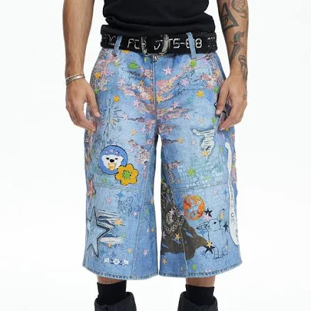 Star Graffiti Patchwork Denim Shorts