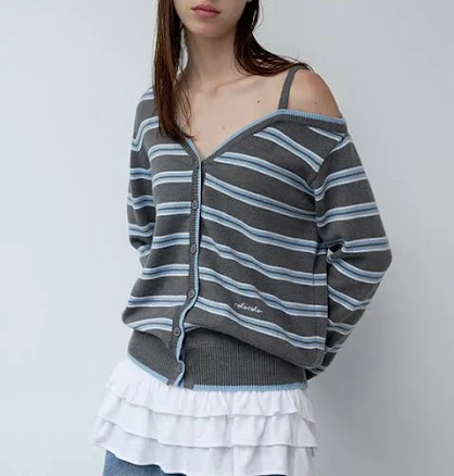 ONE OFF SHOULDER STRIPE WOOL BLENDED CARDIGAN GRAY