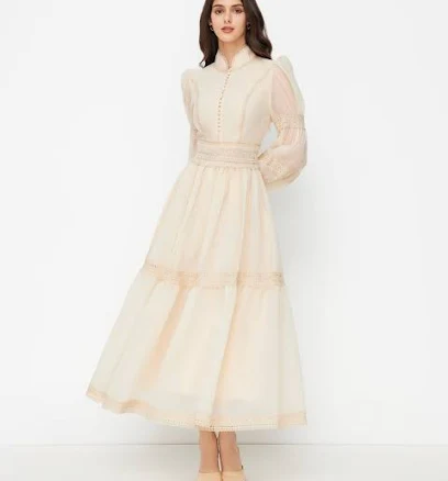 Chiffon A-Line High Neck Contrasting Lace Maxi Dress
