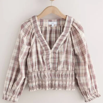 Women's Next Check Smocked V-Neck Long Sleeve Blouse