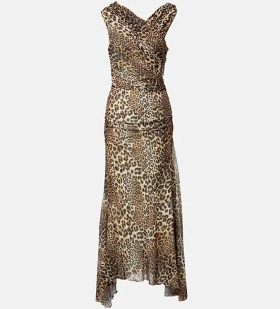 Ganni, Ruched leopard-print mesh maxi dress, Women, Multicolor, US 6, Dresses, Materialmix