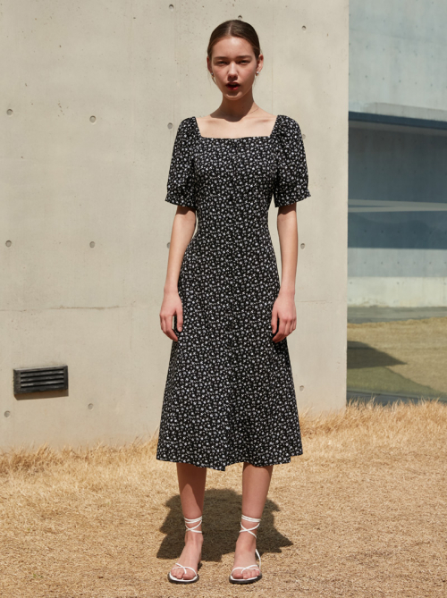 Square-neck Buttoned Long Dress