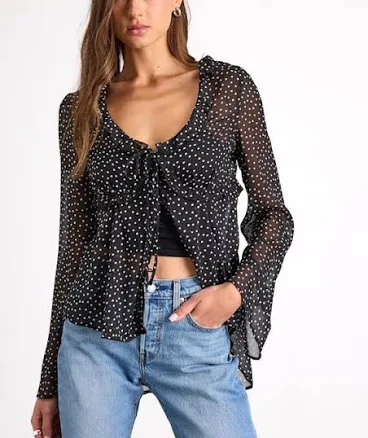 Lulus Black Polka Dot Sheer Tie-Front Long Sleeve Top Womens