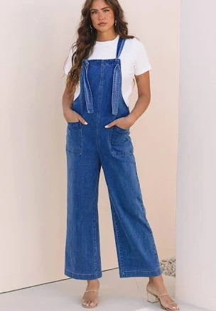 Elodie Knotted Strap Wide Leg Denim Overalls
