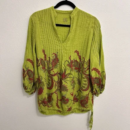 120% Lino Floral Linen Pintuck Tunic Top Blouse Bottom Ties Neon Green