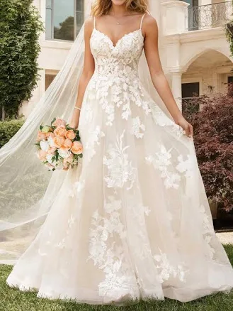 Women's A-Line Spaghetti Strap Floor-Length Tulle Ball Gown with Appliques