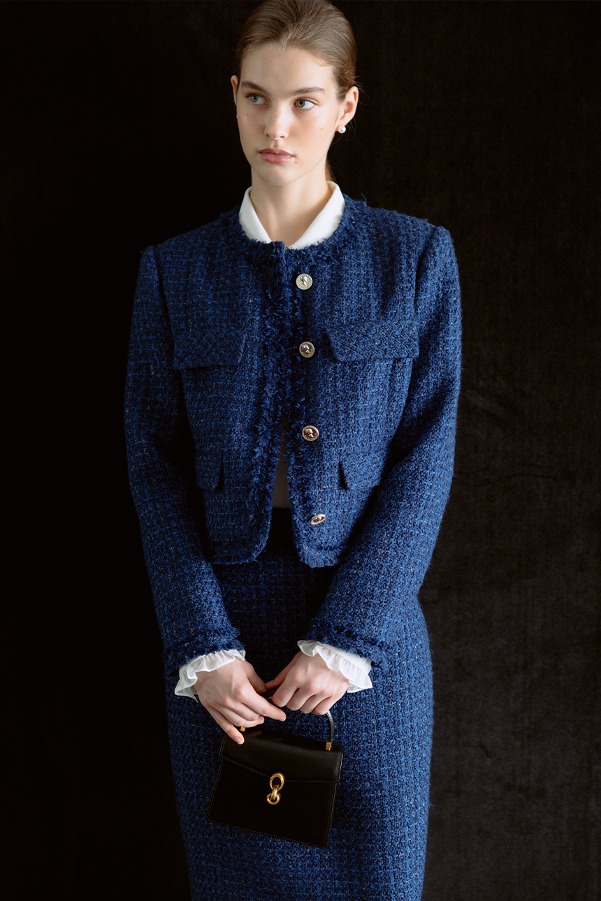 LUCID Round neck button-down tweed jacket (Deep blue)
