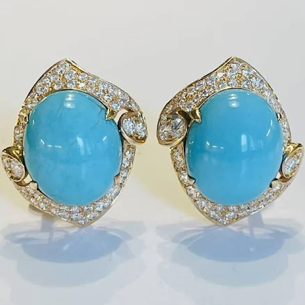 Vintage Bvlgari 18k Yellow Gold Diamond Turquoise Earrings Circa