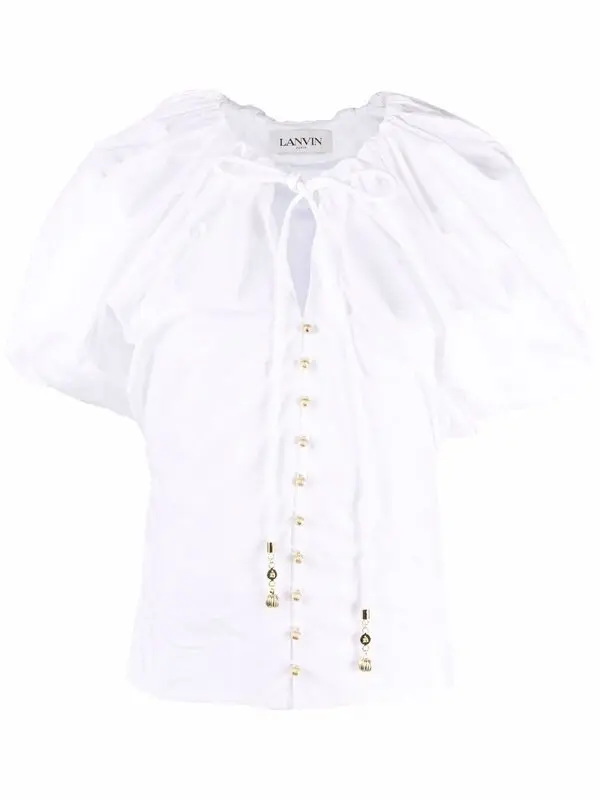Puff-sleeve Tie-neck Blouse