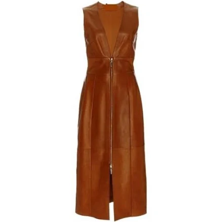 Lambskin Leather Sleeveless Deep V-Neck Dress