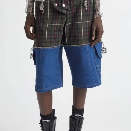 Chopova Lowena Tartan Extension Shorts with Detachable Denim Panels