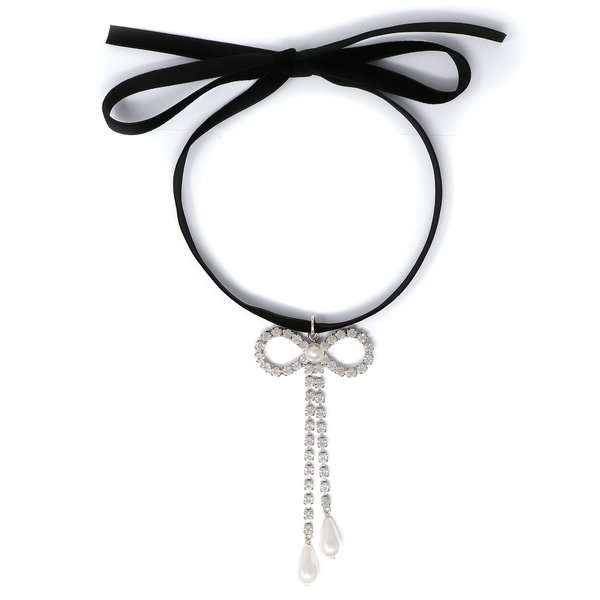 Joomi Lim Velvet Choker w/ Long Crystal Bow &amp; Pearls