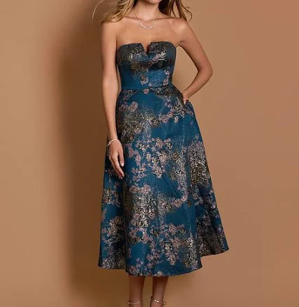 Azazie Strapless A-Line Floral Midi Dress