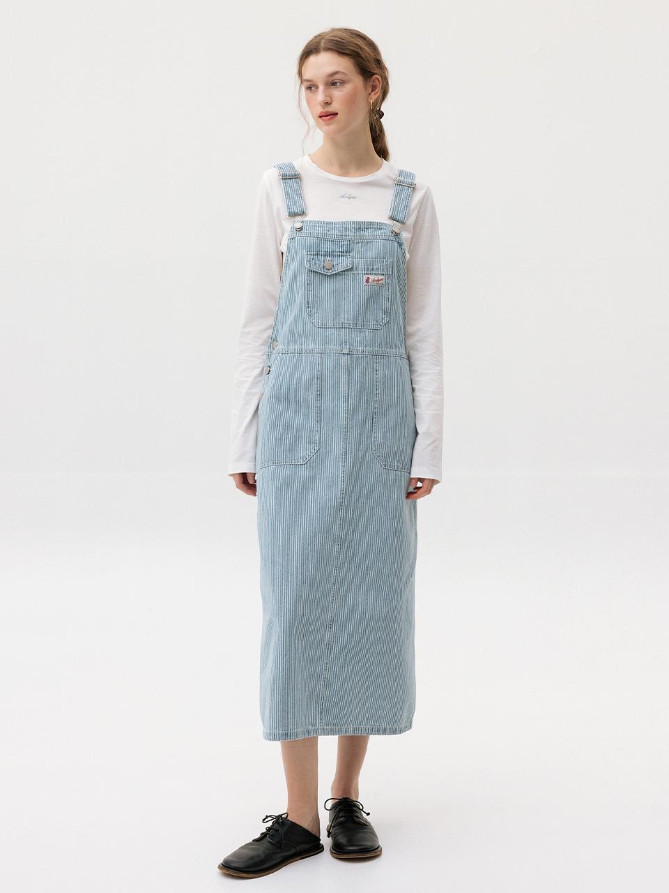 Pocket Detail Denim Overall Dress (Blue stripe)