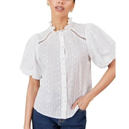 Womens Yumi Broderie Anglaise Puff Sleeve Shirt