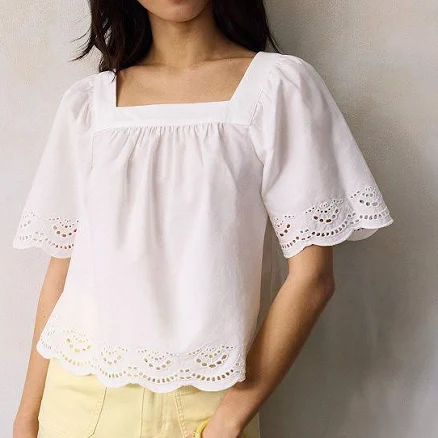 Women's LC Lauren Conrad Squareneck Eyelet Trim Blouse, Size: XL, Stone White