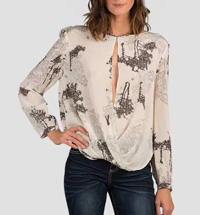Modern Contemporary Willow Printed Silk Blouse with Key Hole