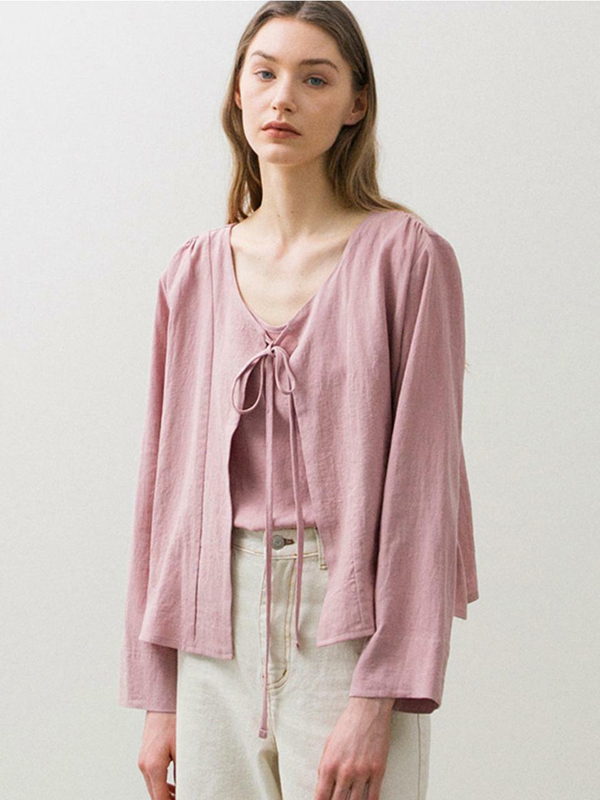 Linen Shirring Cardigan - Pink