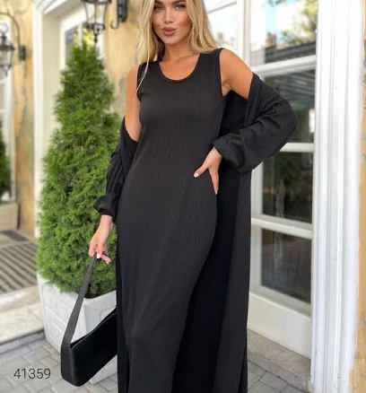 Elegant Black Ribbed Knit Dress & Cardigan Set - Perfect For