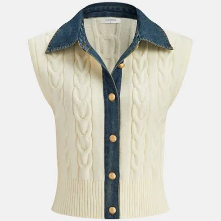 Denim Paneled Cable Knit Sleeveless Vest
