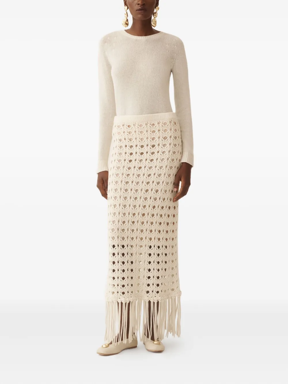 Open-knit Fringed Long Skirt