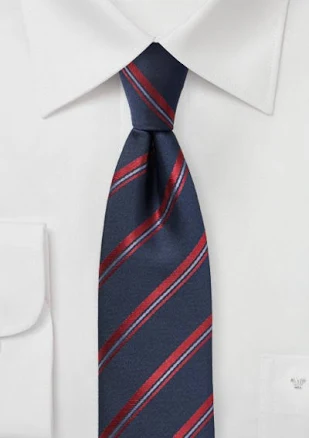 Dark navy and cherry red striped skinny tie - dark blue ties