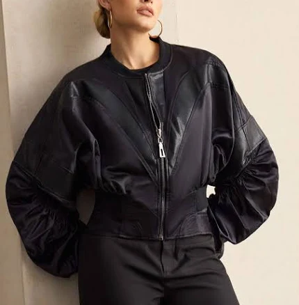 Faux Leather Patchwork Satin Zipper Jacket