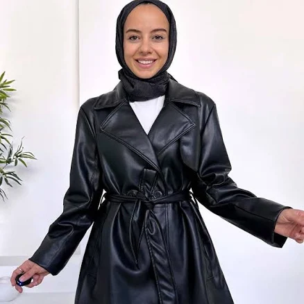 Women's Faux Leather Belted Blazer Coat with Side Pockets