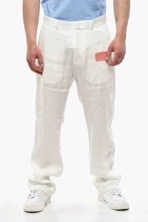 Linen-Blend Chino Pants with Patch Logo Off-White