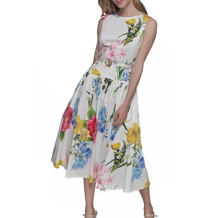 Karl Lagerfeld Paris Women's Boat-Neck Belted Sleeveless Dress