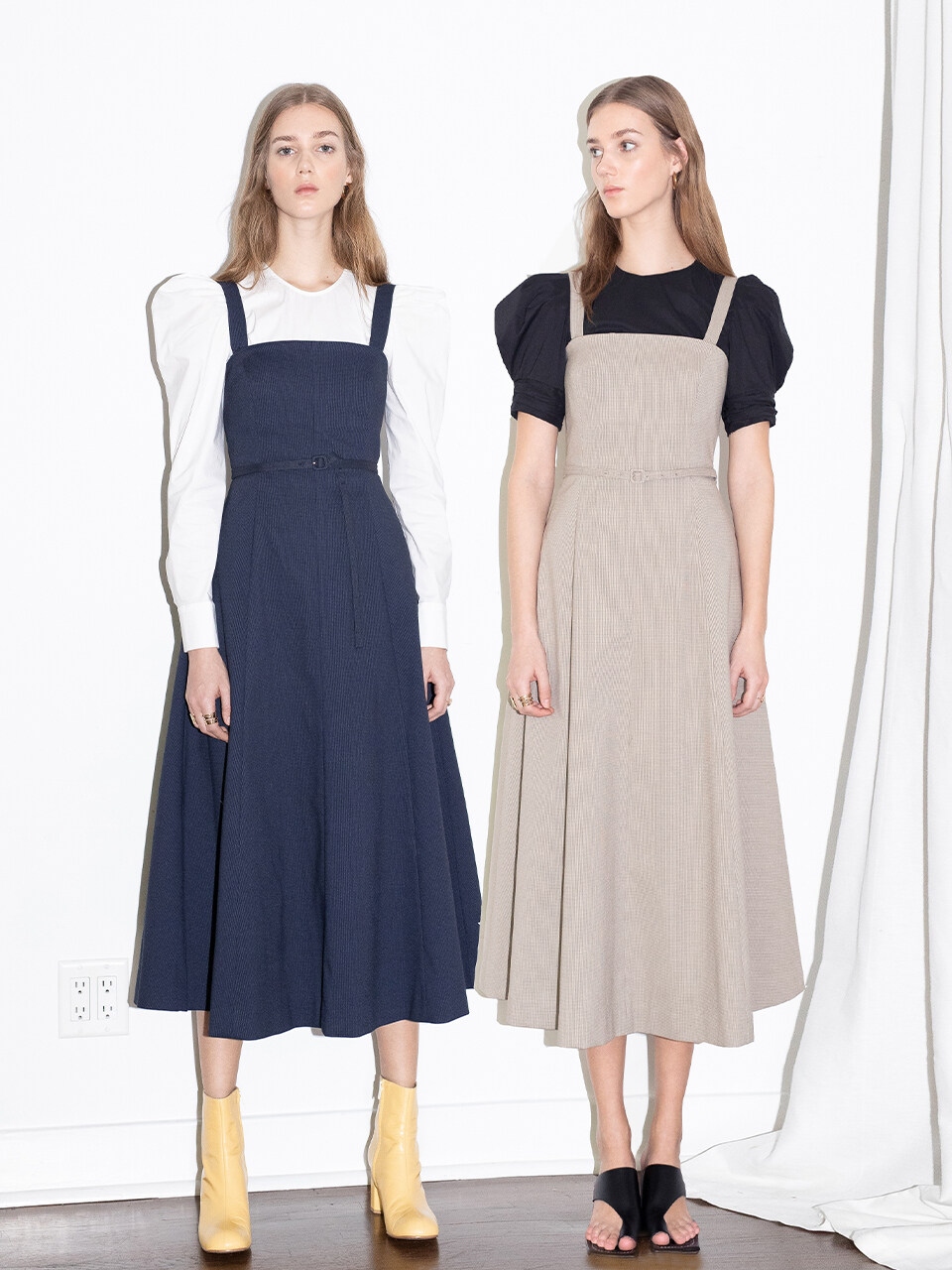 Detachable Strap Tube Top Dress (Navy/Khaki Beige)