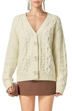 English Factory Women's V-Neck Cable Knit Cardigan with Floral Buttons