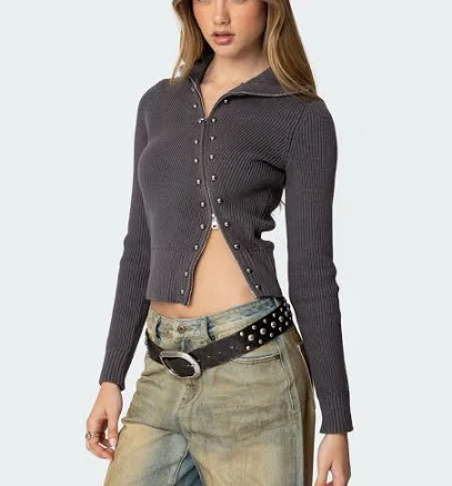 Edikted Women's Ribbed Asymmetric Zip Up Cardigan