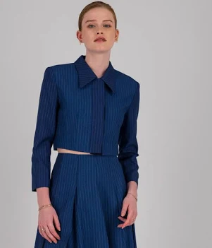 HAGAHI Cropped Color Block Tailored Pinstripe Jacket