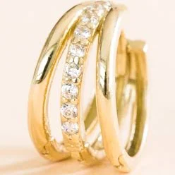 14K Solid Gold CZ Triple Line Earring Hoop Ring