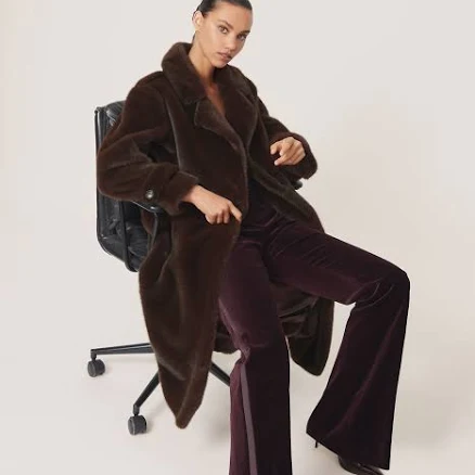 Reiss Women's Cate Long Belted Faux Fur Coat Brown